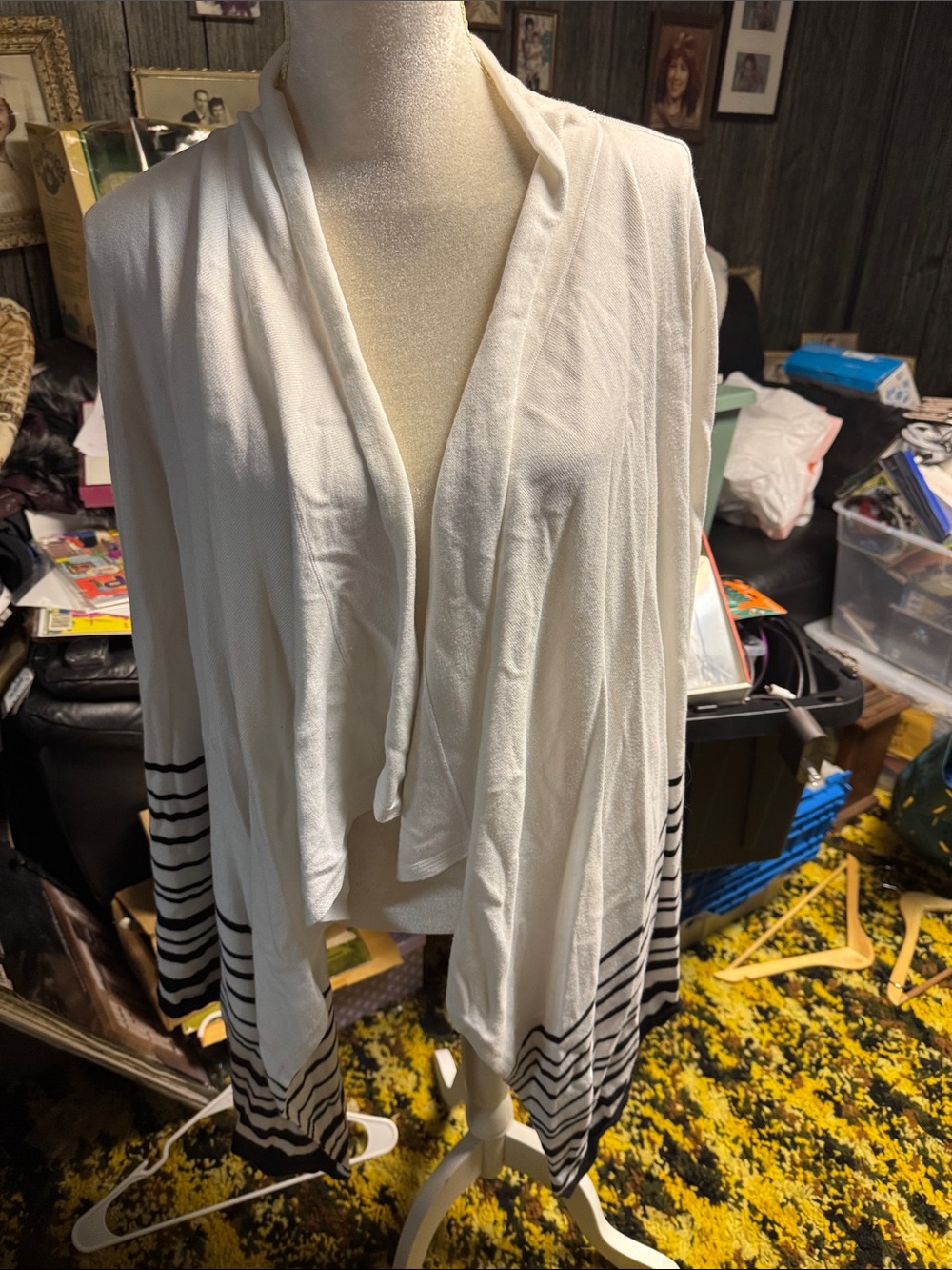 White House Black Market White Open Draped Cardigan with Black Stripes